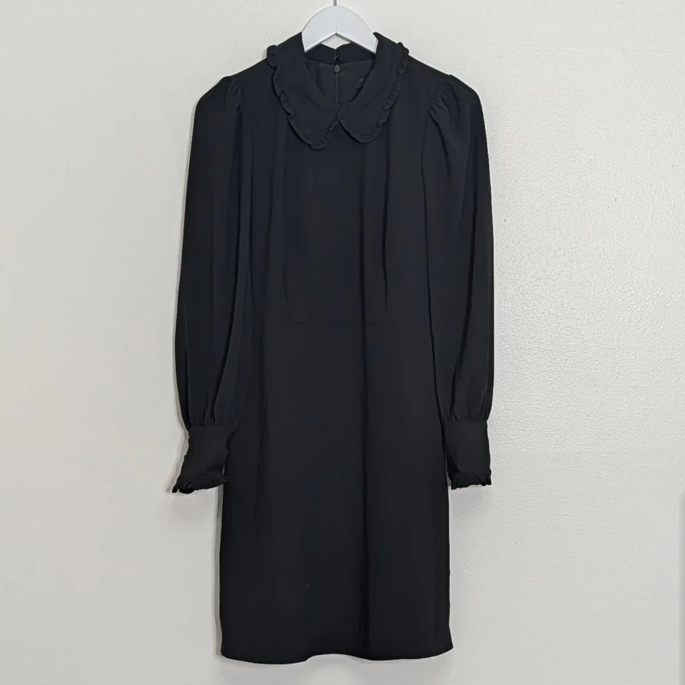 J. Crew Dress 6 Black A Line Ruffle Collared Long Sleeve